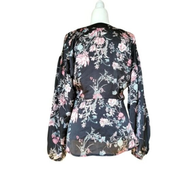 Taylor and Sage floral wrap blouse size medium in black with multicolored floral - Picture 7 of 11